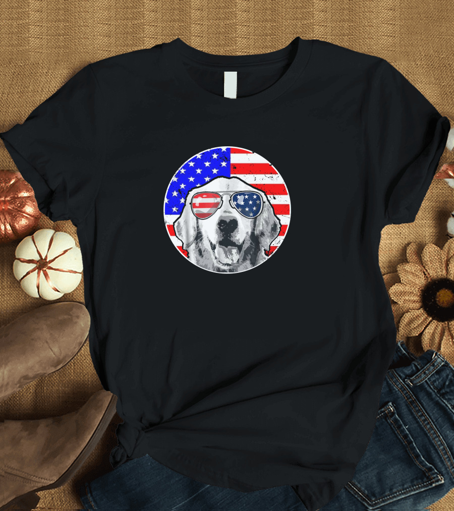 Golden Retriever with American Flag Sunglasses Patriotic Circle T-Shirt