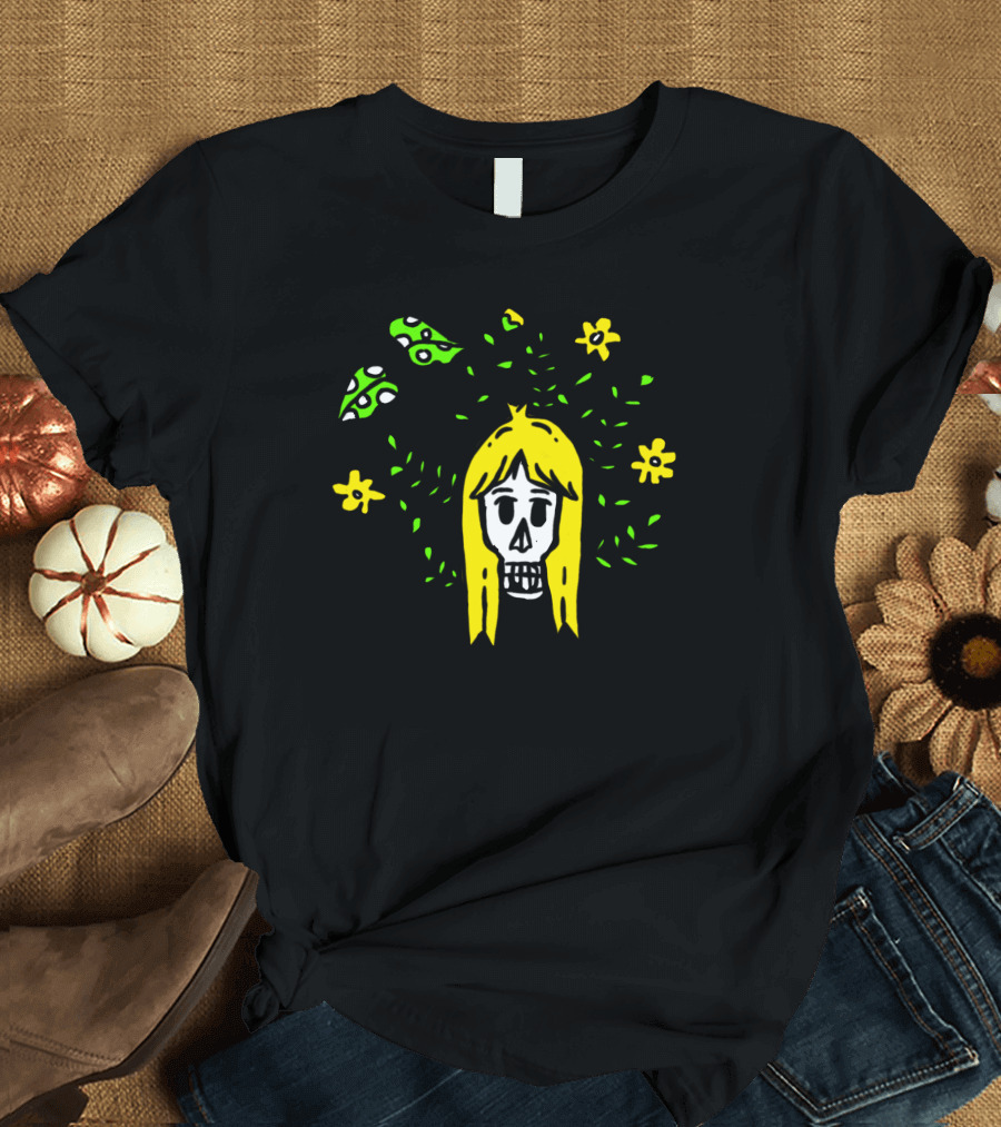 Grow Up Skull with Blonde Hair Surrounded by Green Leaves and Yellow Flowers T-Shirt