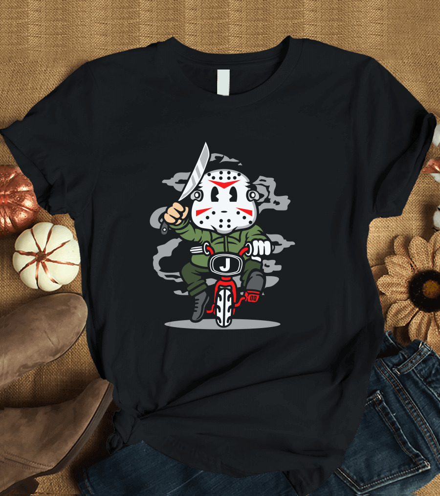 Jason Minibike Horror Icon Riding Masked Minifigure with Knife T-Shirt
