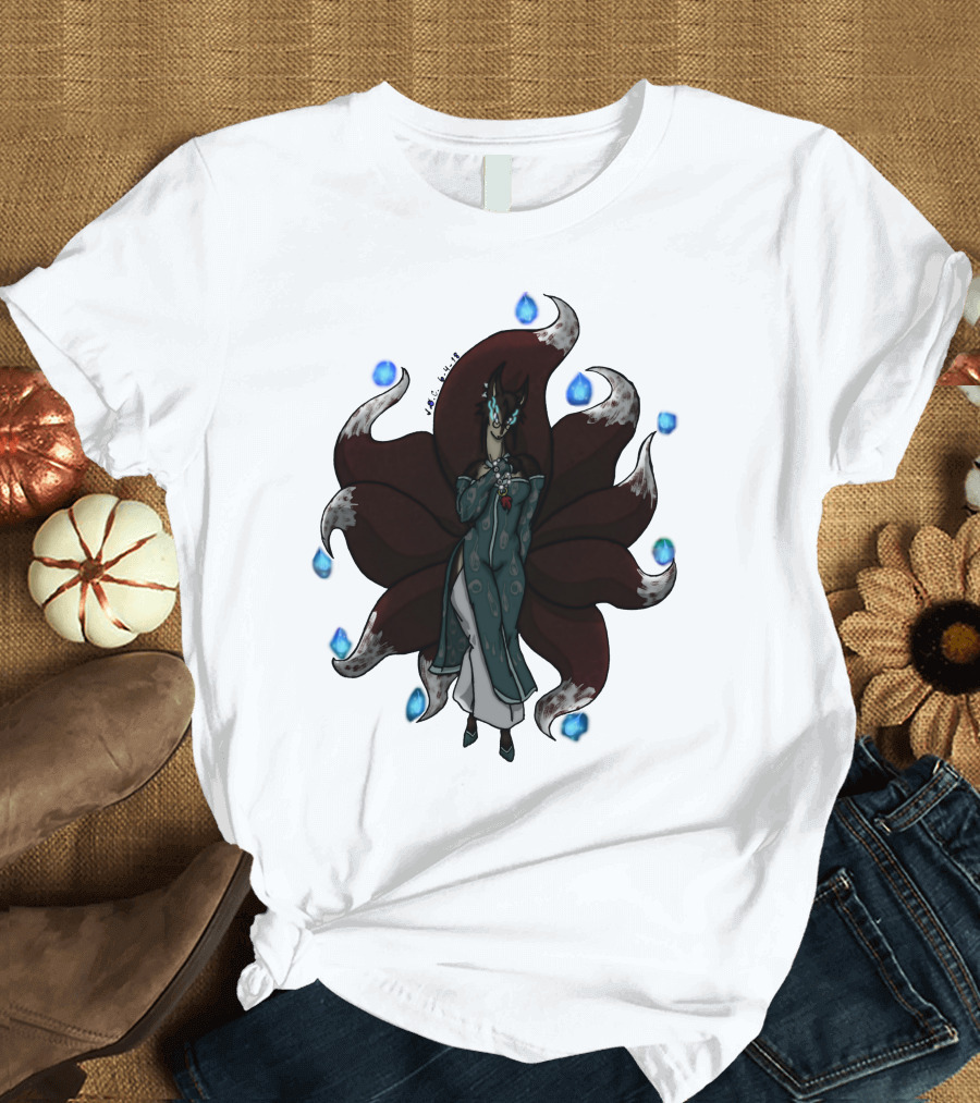 Kitsune Ren Spirit Nine Tails Flame Blue Orbs T-Shirt