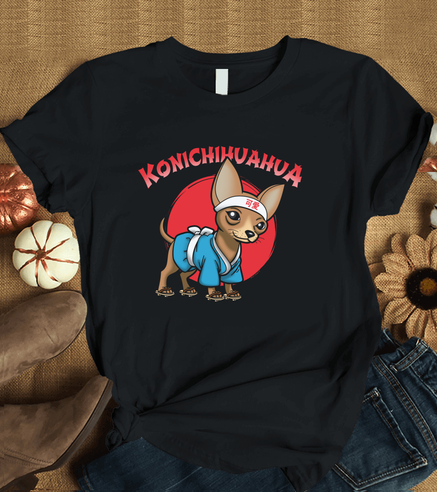 Konichihuahua Cute Chihuahua in Kimono with Red Sun and Japanese Text T-Shirt