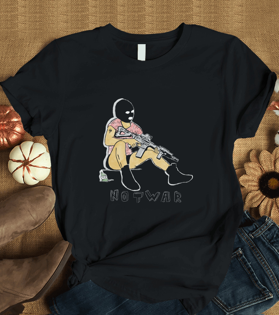 Sitting Figure with Gun and Mask Illustration Not War T-Shirt