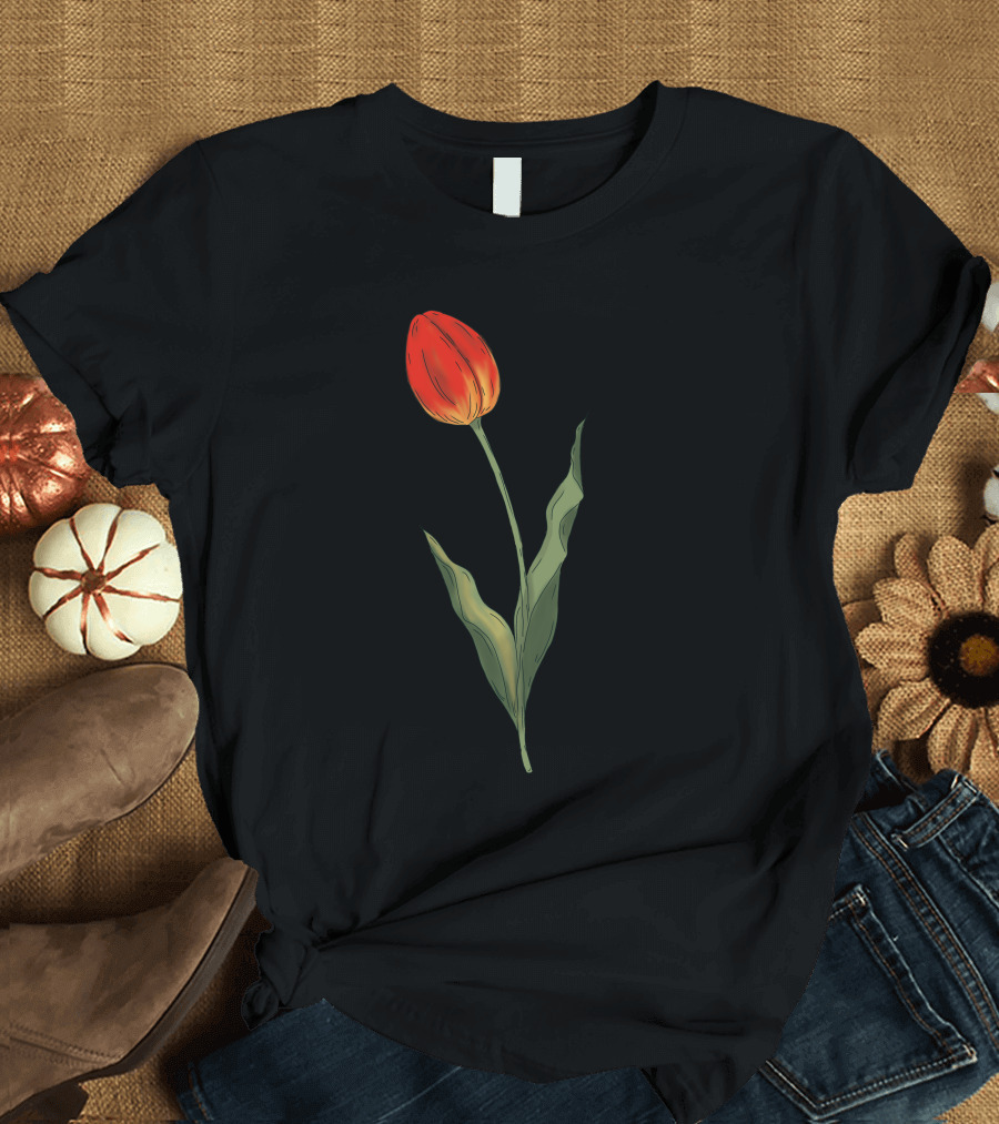 Ottoman Tulip Botanical Illustration Red Blossom Green Stem T-Shirt