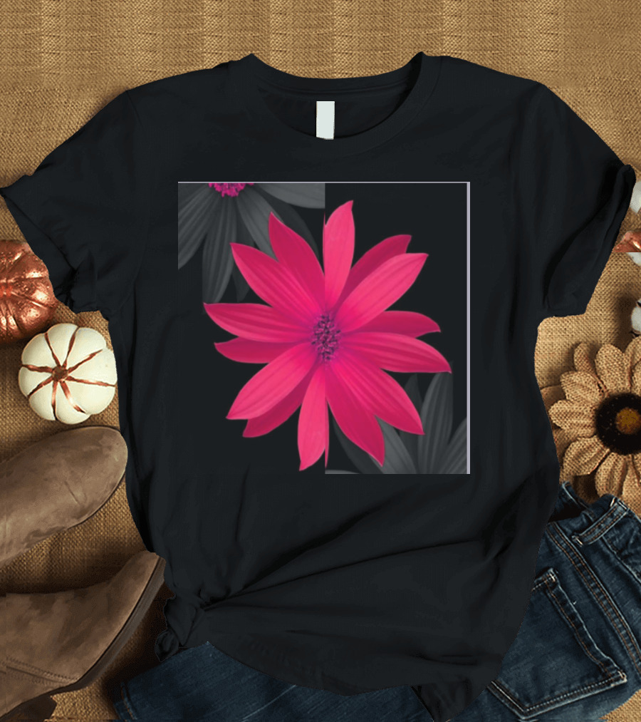Pink Flower on Black and Gray Background T-Shirt