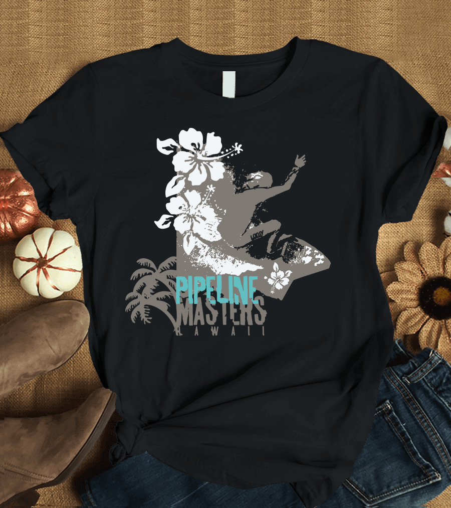 Pipeline Masters Hawaii Surfing with Hibiscus and Palm Trees T-Shirt