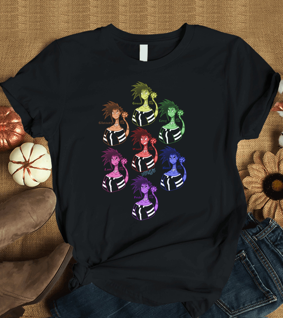 Seven Sins Gluttony Greed Envy Wrath Lust Sloth Pride Colorful Cartoon Characters T-Shirt