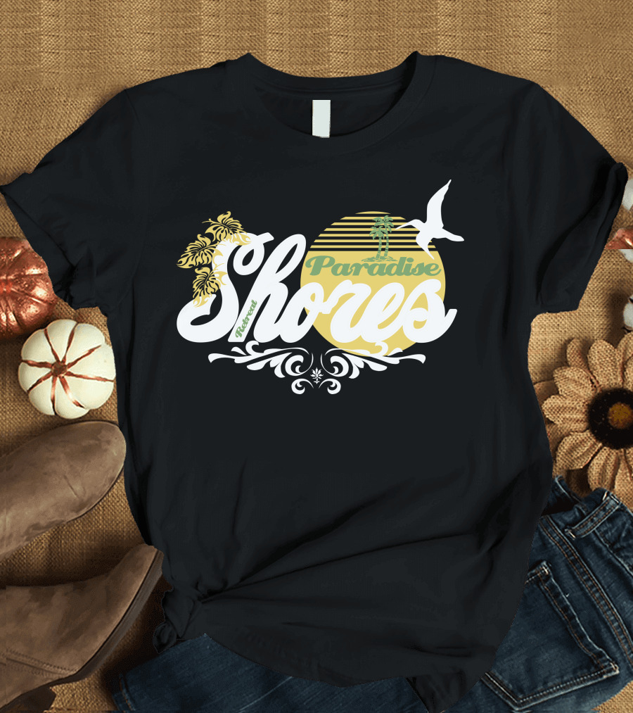 Tropical Shores Paradise Retro Sunset Seagull Palm Floral Motif T-Shirt