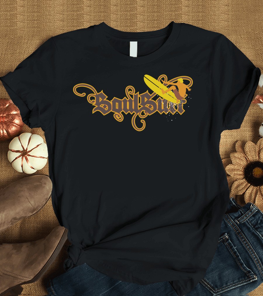 Soul Surf Surfer Riding Yellow Board with Swirls and Curves T-Shirt