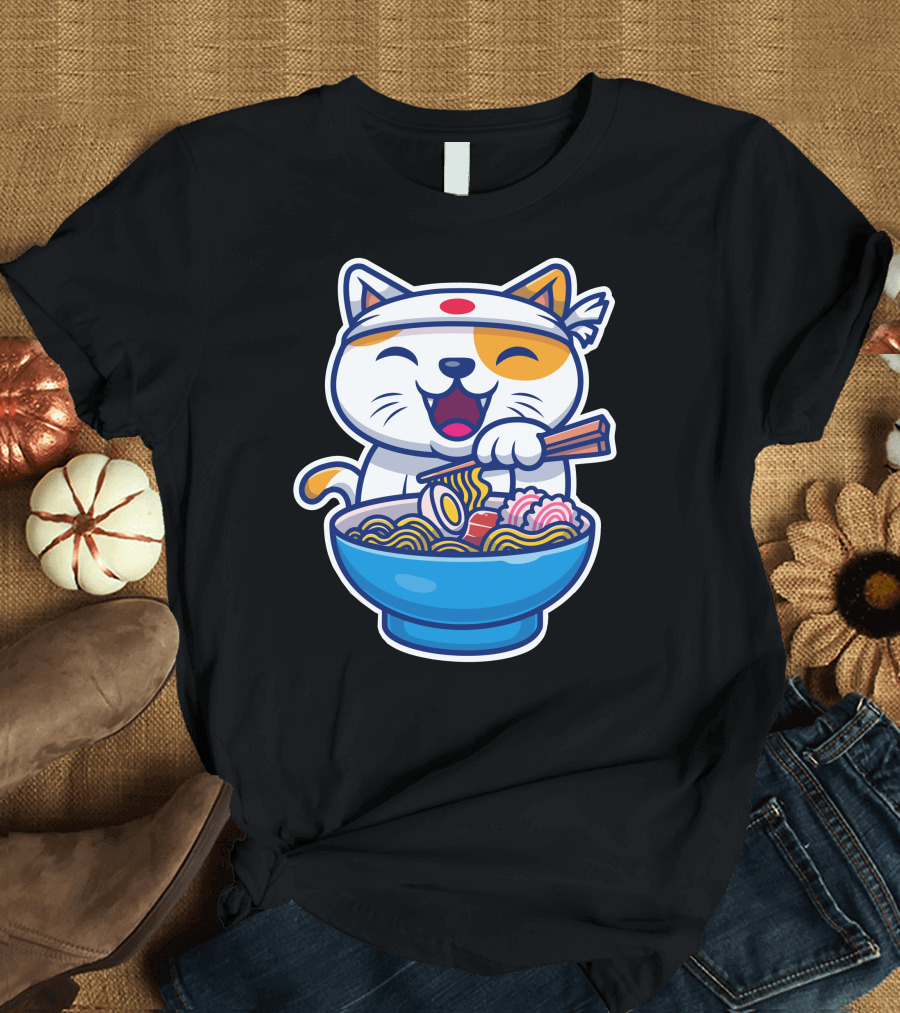 Cat Joyfully Eating Ramen Noodles with Chopsticks and Headband T-Shirt