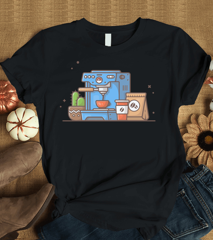 Coffee Machine Cactus Brew With Cup and Beans T-Shirt
