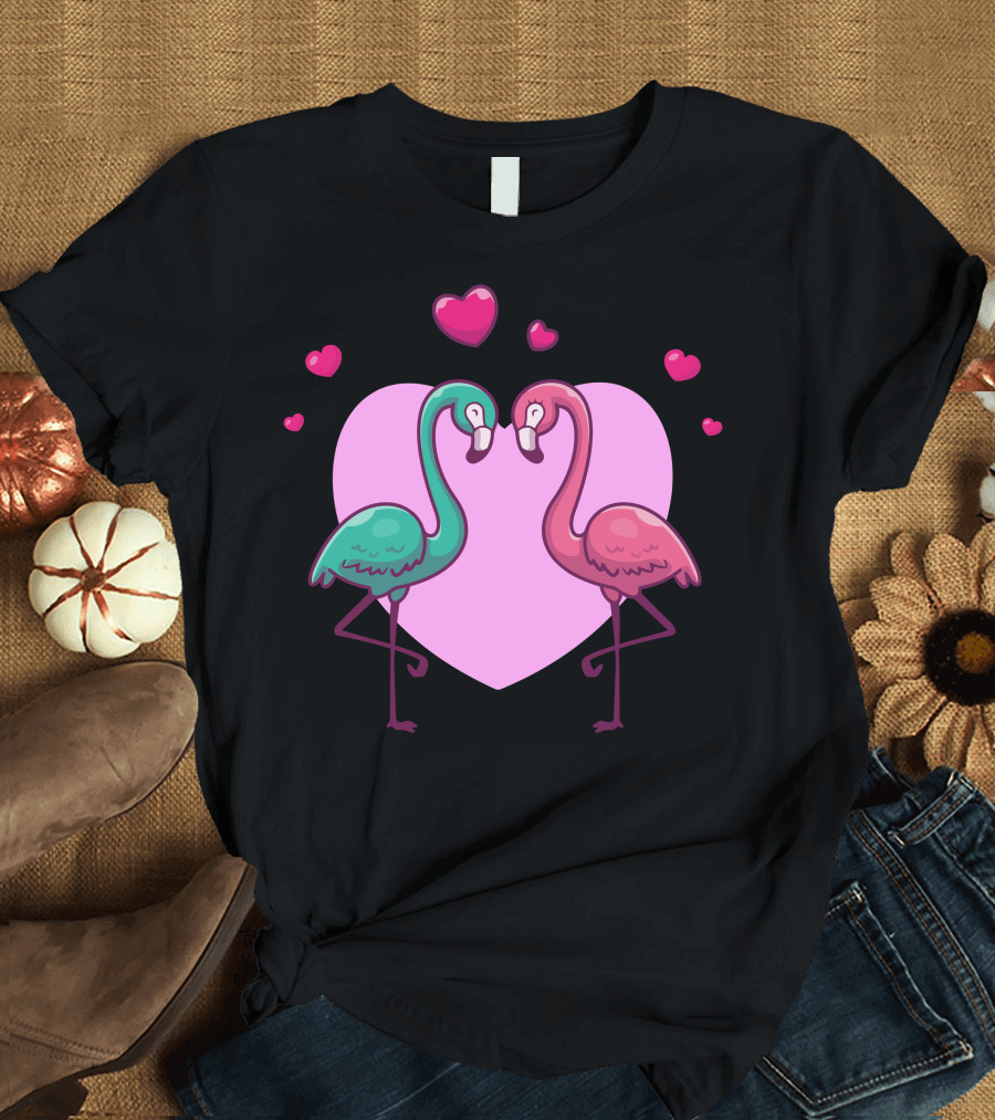 Couple of Flamingo Fall in Love Hearts and Pink Heart Background T-Shirt