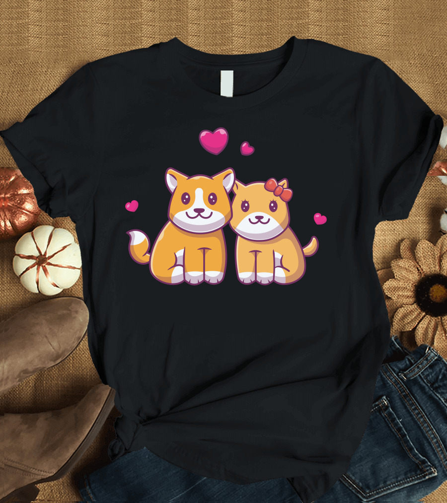 Couple of Shiba Inu with Hearts and Bow Fall in Love T-Shirt