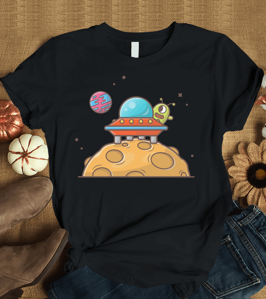Cute Alien Spaceship on Planet with Colorful Orbiting Planet T-Shirt