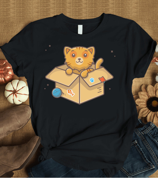 T-Shirt: Cute Orange Cat in Cardboard Box with Yarn and Fish Stickers T-Shirt Cute Orange Cat in Cardboard Box with Yarn and Fish Stickers T-Shirt