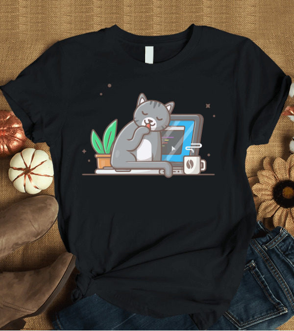 T-Shirt: Cute Cat Cozy on Laptop with Coffee and Plant T-Shirt Cute Cat Cozy on Laptop with Coffee and Plant T-Shirt