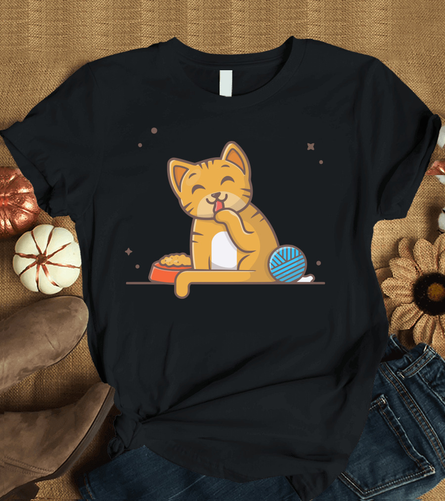 Cute Happy Cat Licking Paw with Food Bowl and Blue Yarn Ball T-Shirt