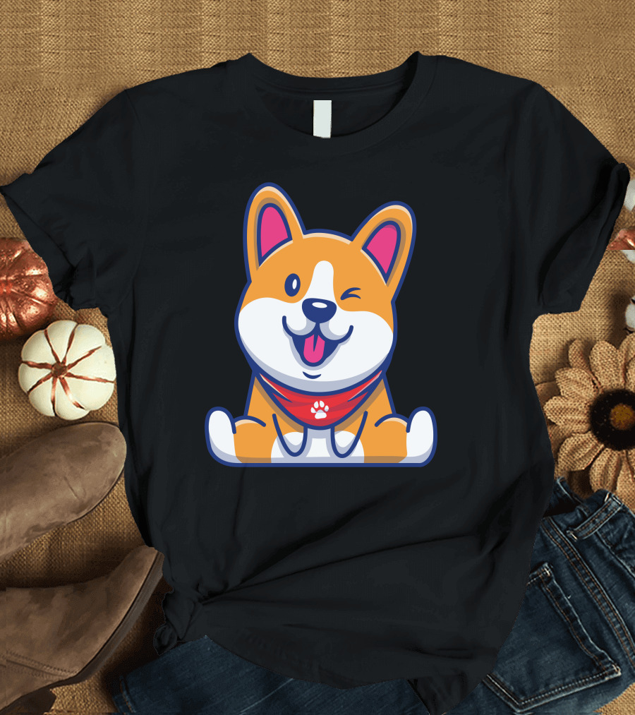 Cute Corgi Sitting Winking Red Bandana Paw Prints T-Shirt