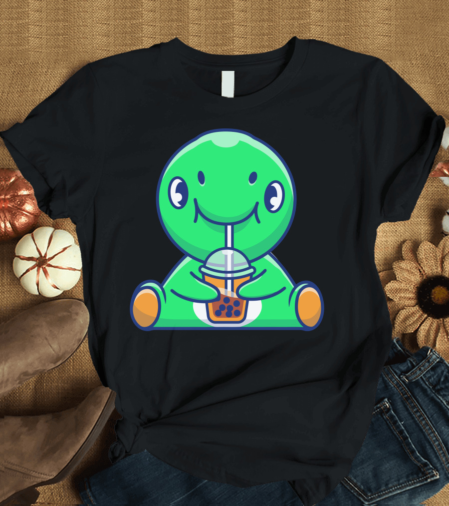 Cute Green Dinosaur Enjoying Boba Tea With Straw T-Shirt