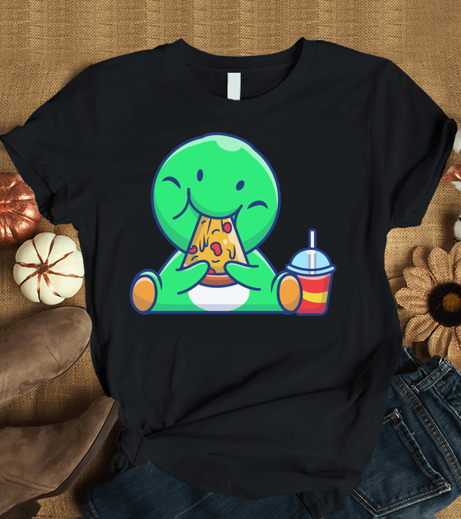 Cute Dinosaur Munching Pizza with Drink T-Shirt