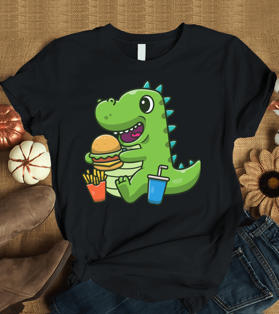 Cute Dinosaurs Eating Burger with Fries and Drink T-Shirt