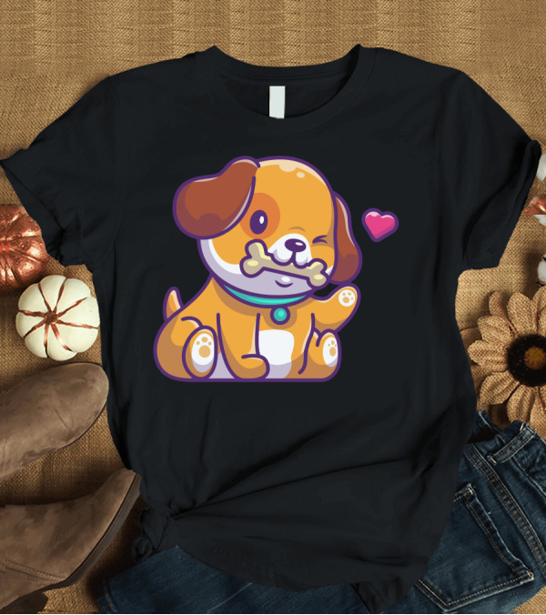 T-Shirt: Cute Dog With Bone and Heart T-Shirt Cute Dog With Bone and Heart T-Shirt