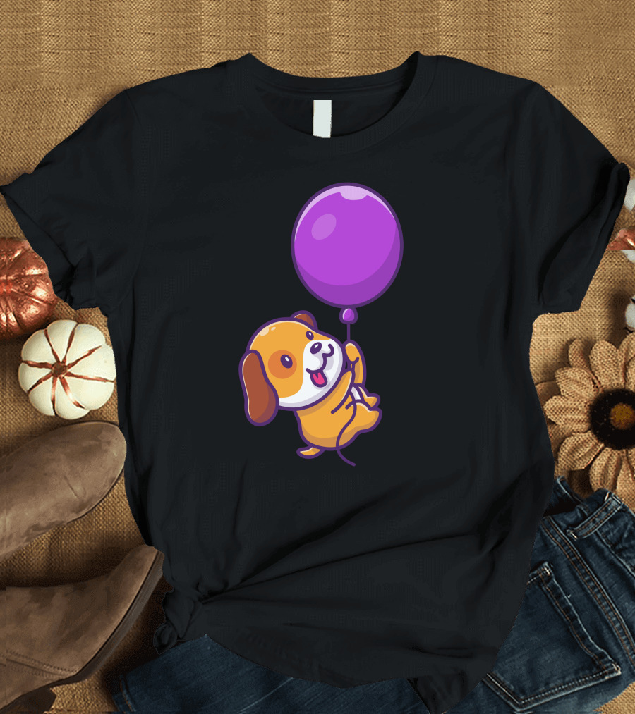 Cute Dog Floating with Purple Balloon T-Shirt