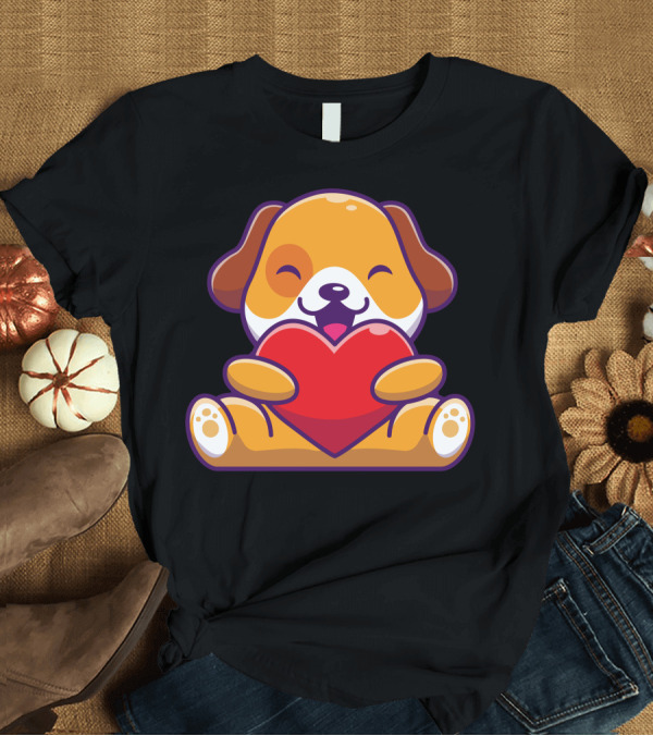 T-Shirt: Cute Puppy Embracing Heart with Joyful Expression T-Shirt Cute Puppy Embracing Heart with Joyful Expression T-Shirt