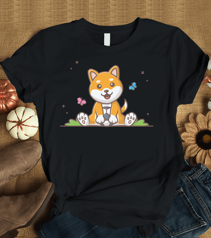 Cute Dog Surrounded by Butterflies on Grass T-Shirt