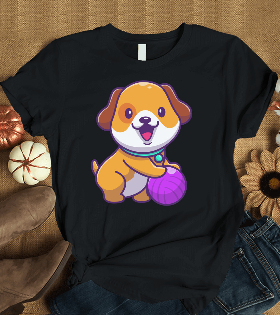 Adorable Dog Joyfully Holding Purple Yarn Ball T-Shirt