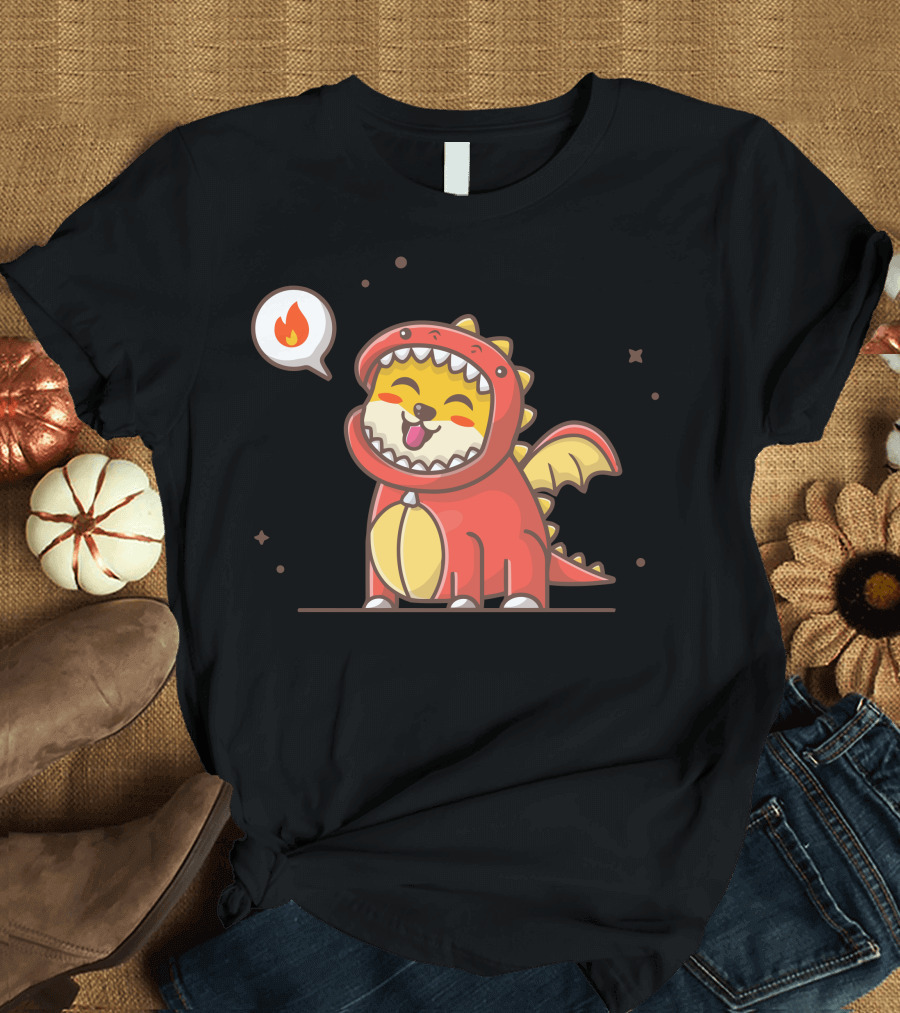 Cute Dog Breathing Fire in Red Dragon Costume T-Shirt