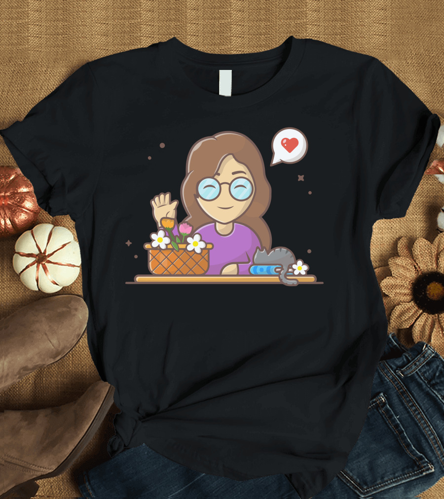 Cute Girl Waving with Glasses Cat and Flower Basket Heart Bubble T-Shirt