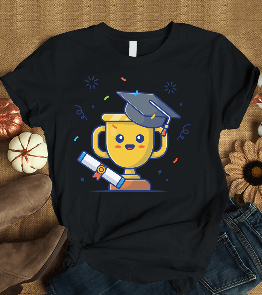Cute Gold Trophy Graduation with Diploma and Confetti T-Shirt