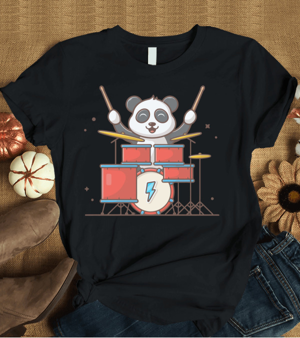 T-Shirt: Cute Panda Playing Drum With Sticks and Lightning Bolt T-Shirt Cute Panda Playing Drum With Sticks and Lightning Bolt T-Shirt