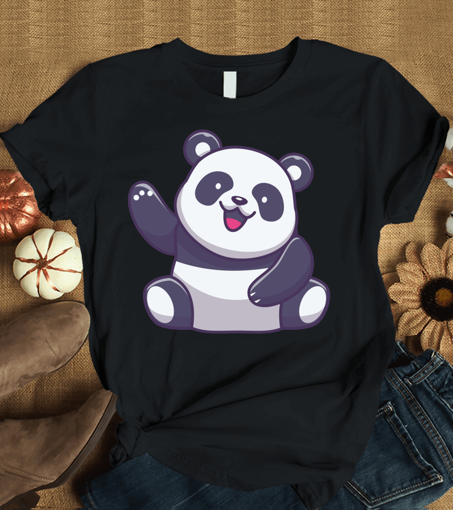 Cute Panda Waving Hand Happy Cartoon Panda T-Shirt