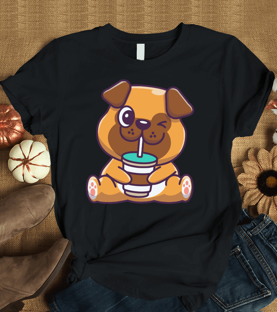 Cute Pug Drinking Coffee Winking Adorable Cartoon T-Shirt
