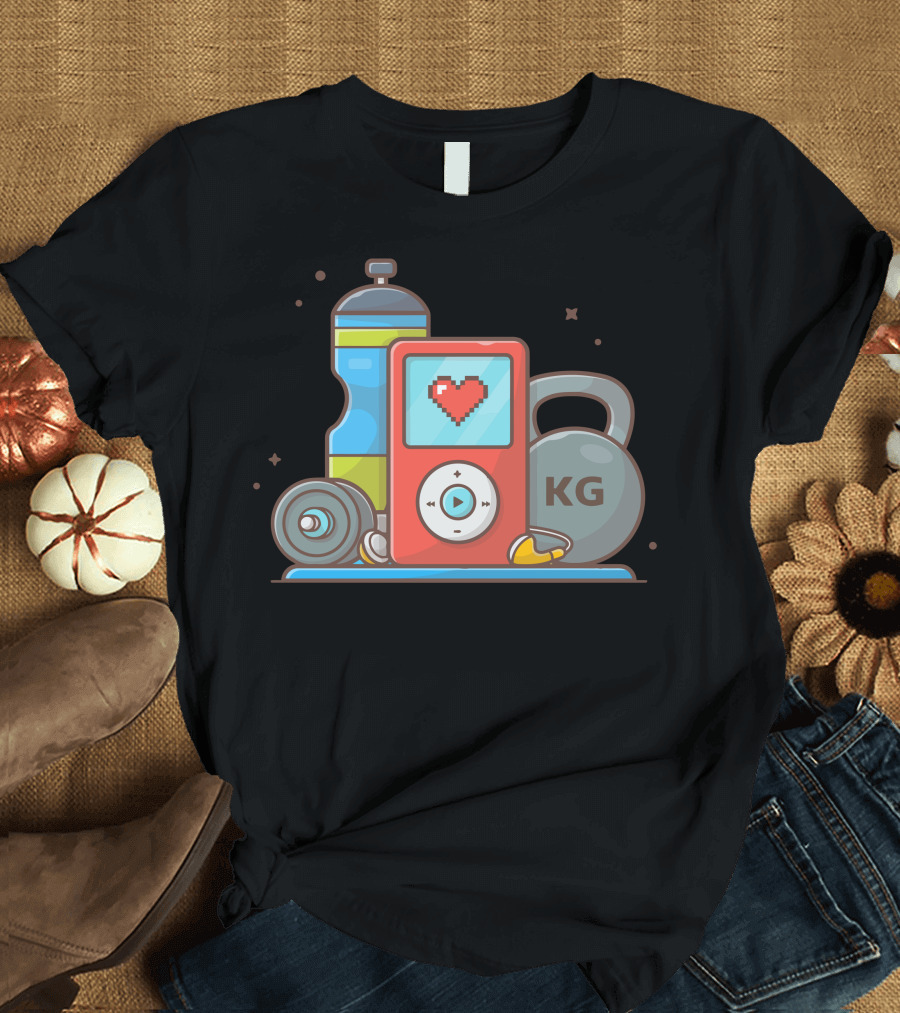 Digital Audio Player Heart Icon With Barbell Kettlebell KG and Water Bottle T-Shirt