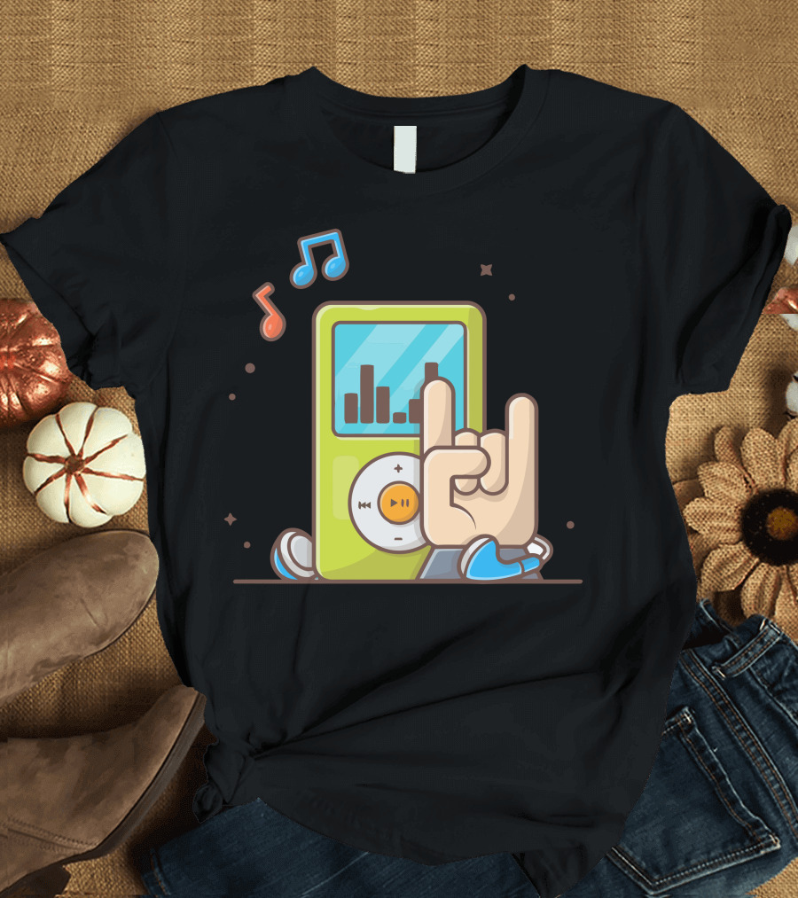 Digital Audio Music Player Hand Rock Gesture with Music Notes and Headphones T-Shirt