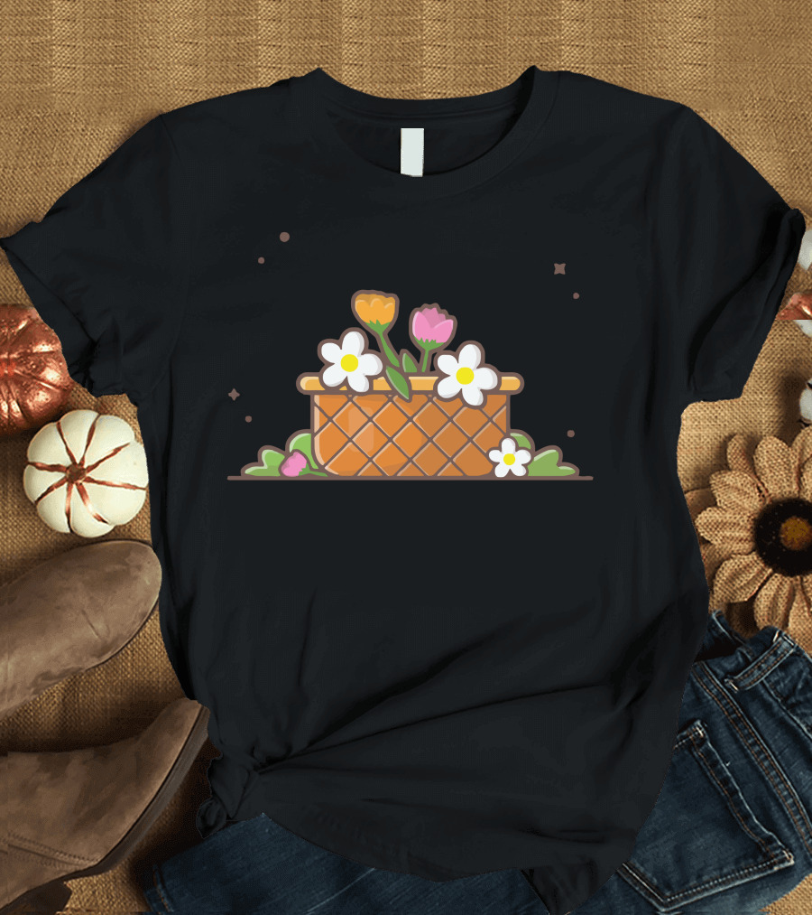 Flower Buckets Basket with Colorful Blooms and Green Leaves T-Shirt