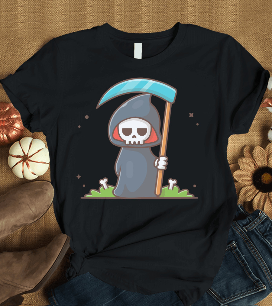 Grim Reaper Cartoon Skeleton with Scythe in Hoodie on Grass T-Shirt