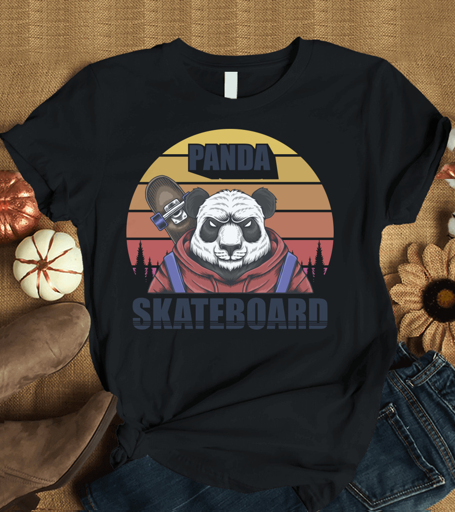 Panda Skateboard Retro Sunset Forest T-Shirt