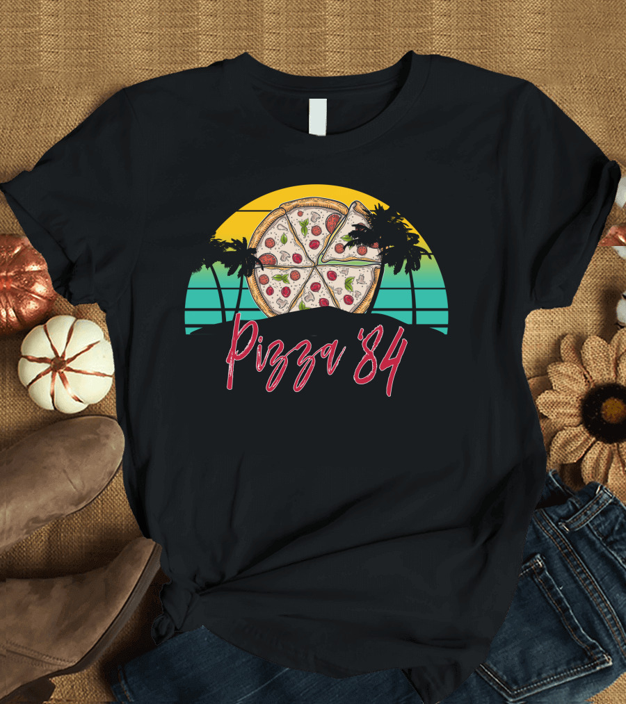 Pizza '84 Beach Sunset Pizza Slices Palm Trees Retro T-Shirt