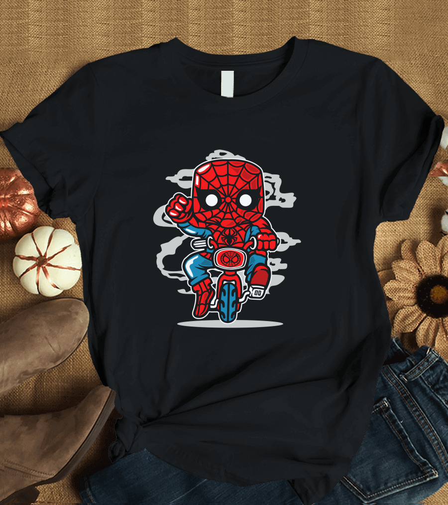 Spidey Character Riding Miniature Motorcycle with Web Details T-Shirt