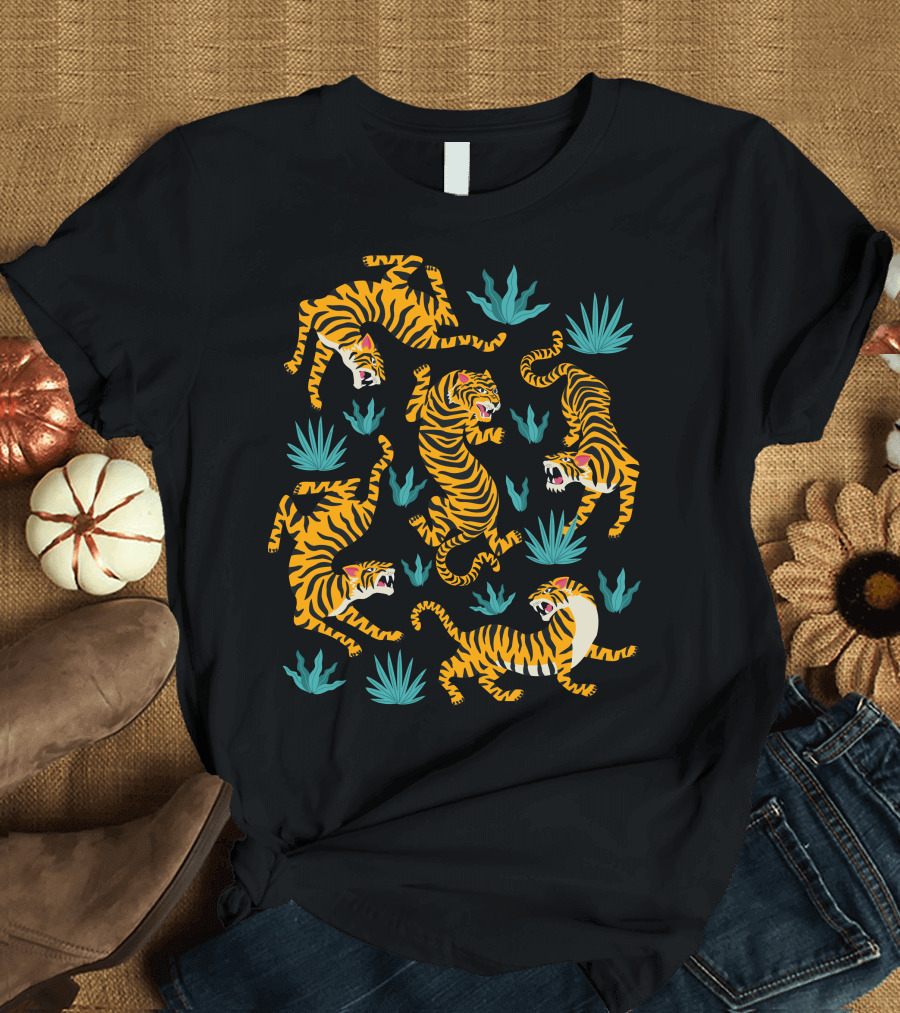 Asian Tigers Vibrant Jungle Scene with Bold Tiger Illustrations and Foliage Elements T-Shirt