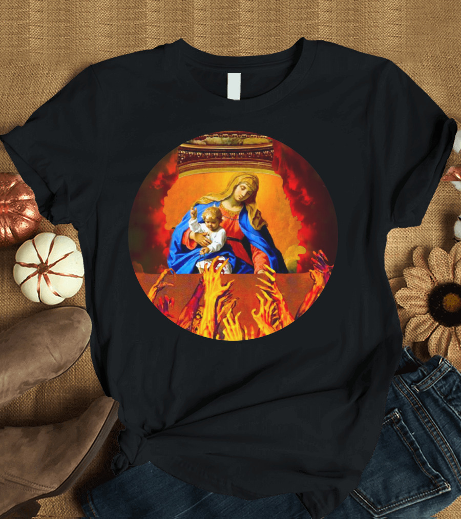 Blessed Virgin Mary with Child Surrounded by Flames and Reaching Hands T-Shirt