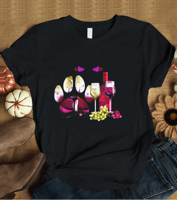 T-Shirt: Easily Distracted By Dogs and Wine Paw Print Grapes Bottles and Glasses T-Shirt Easily Distracted By Dogs and Wine Paw Print Grapes Bottles and Glasses T-Shirt