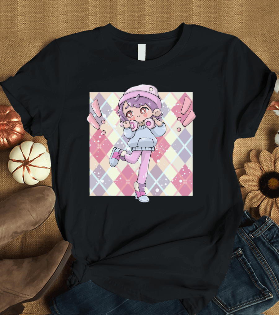 Enjoying Life Cute Pastel Kawaii Character with Headphones and Argyle Background T-Shirt