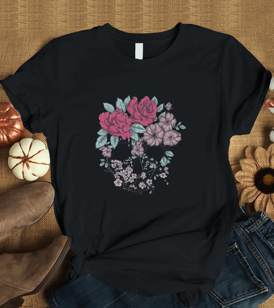 Flower Skull Roses and Blossoms T-Shirt
