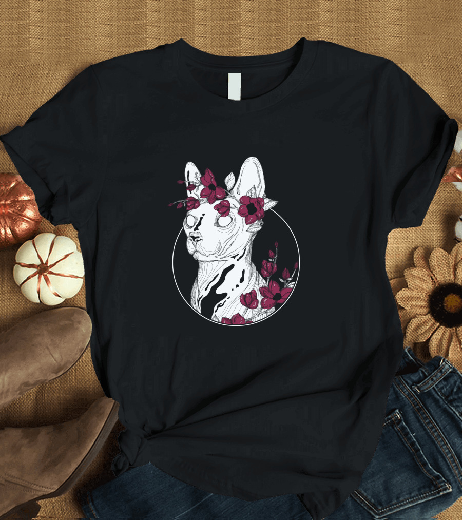 Flower Sphynx Cat with Red Roses Circle T-Shirt