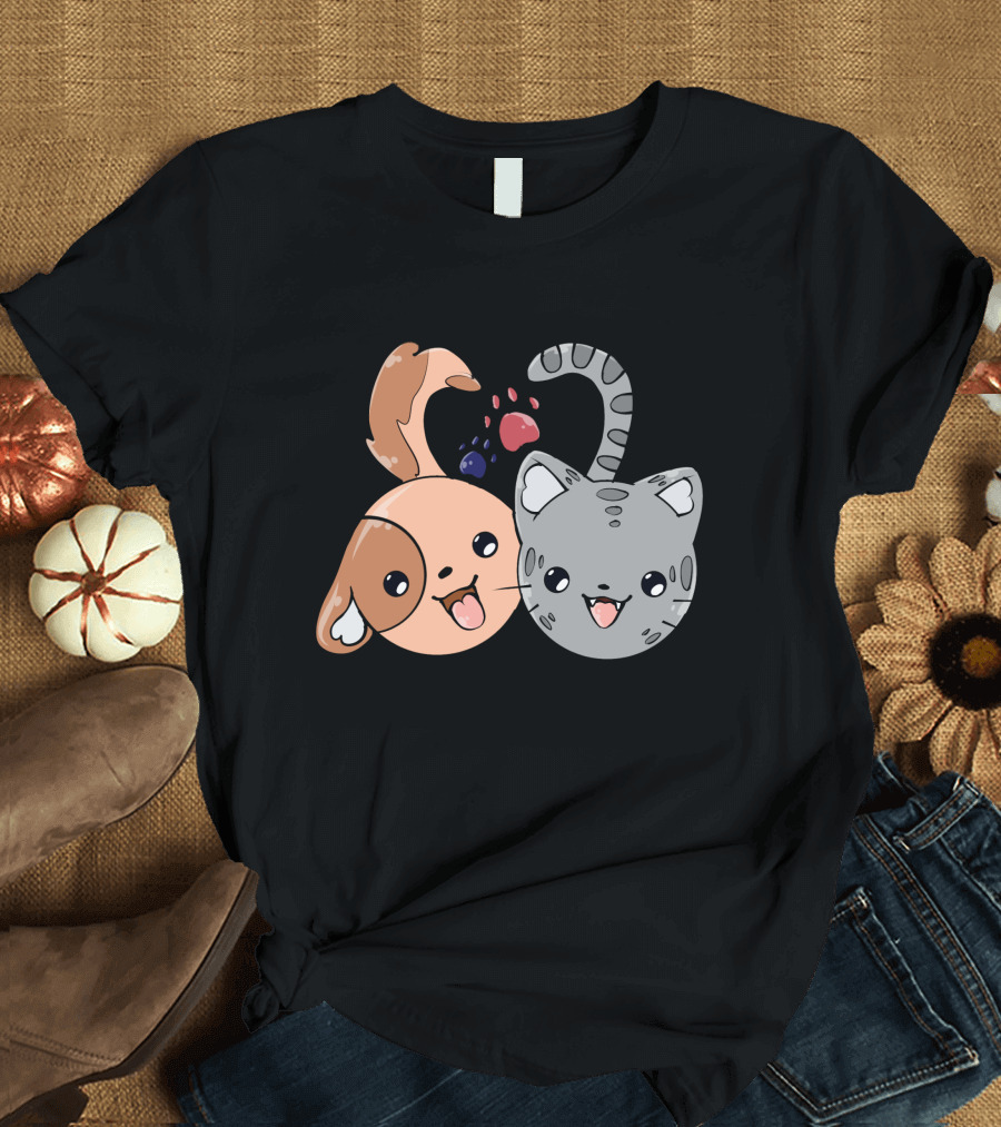 Happy Dog and Cat Faces with Colorful Paw Prints T-Shirt