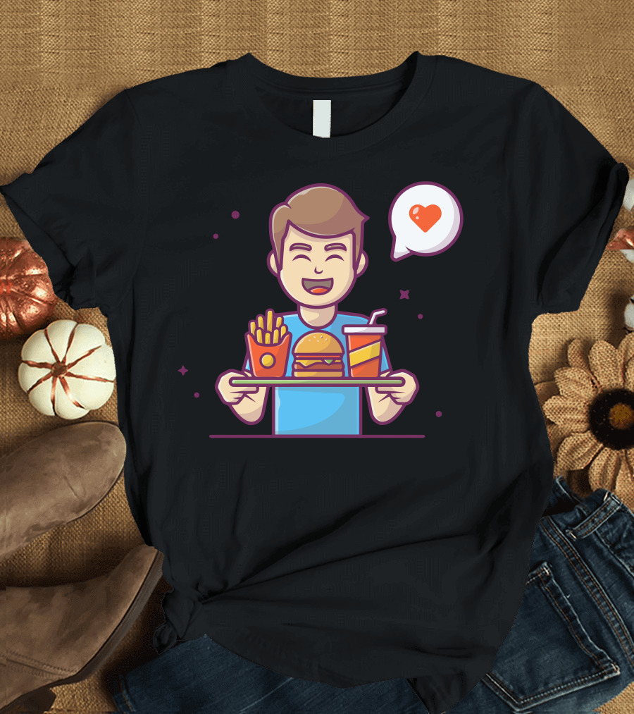 Happy Man with Hamburger, French Fries, and Drink Heart T-Shirt